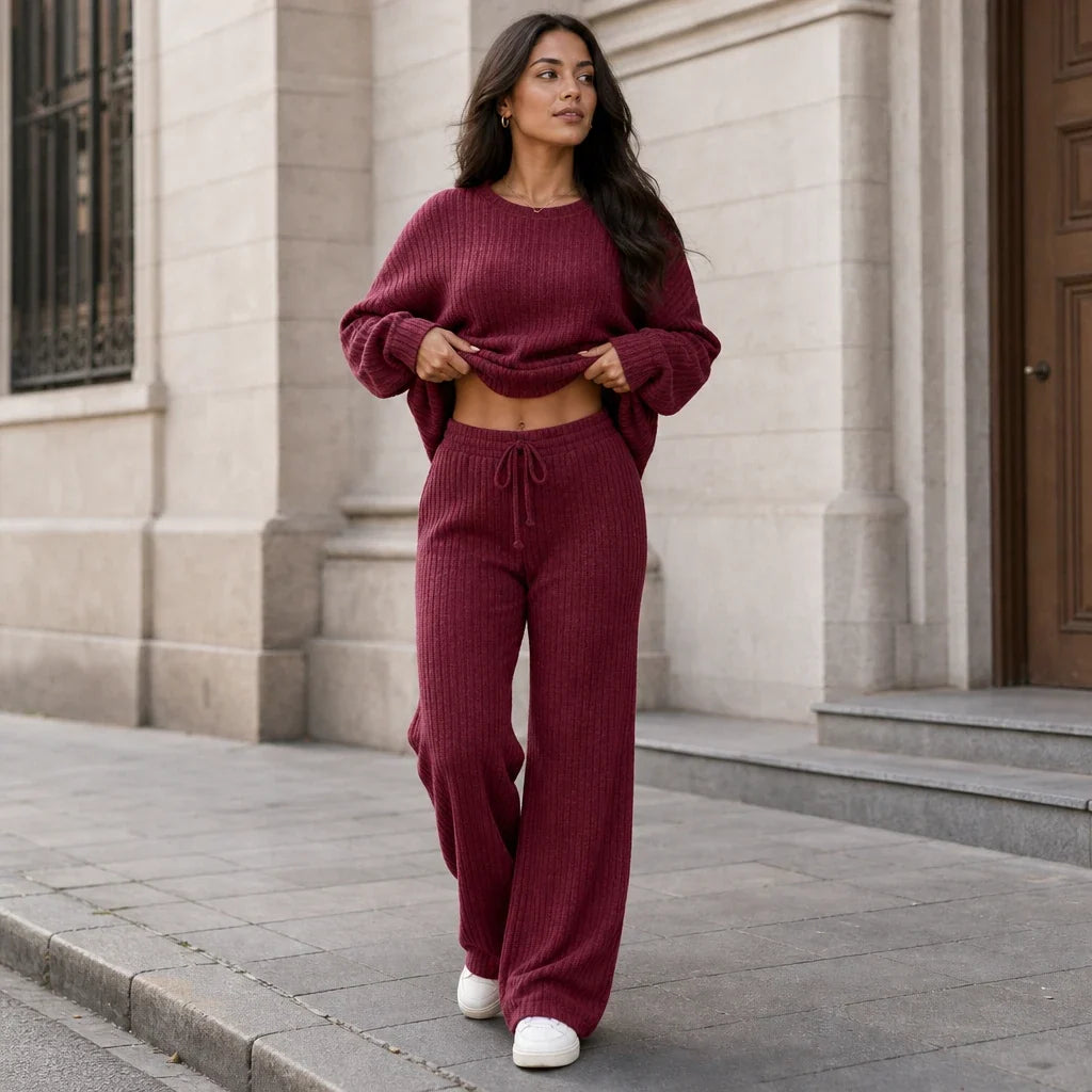 Women's Ribbed Knit Drop-Shoulder Jumper and Wide-Leg Trouser Set