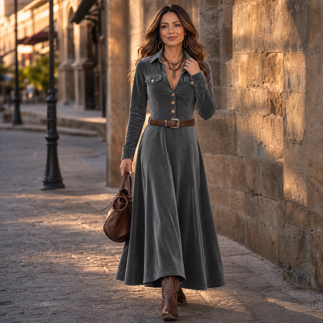 Women's Velvet-Look Button-Front A-Line Maxi Dress