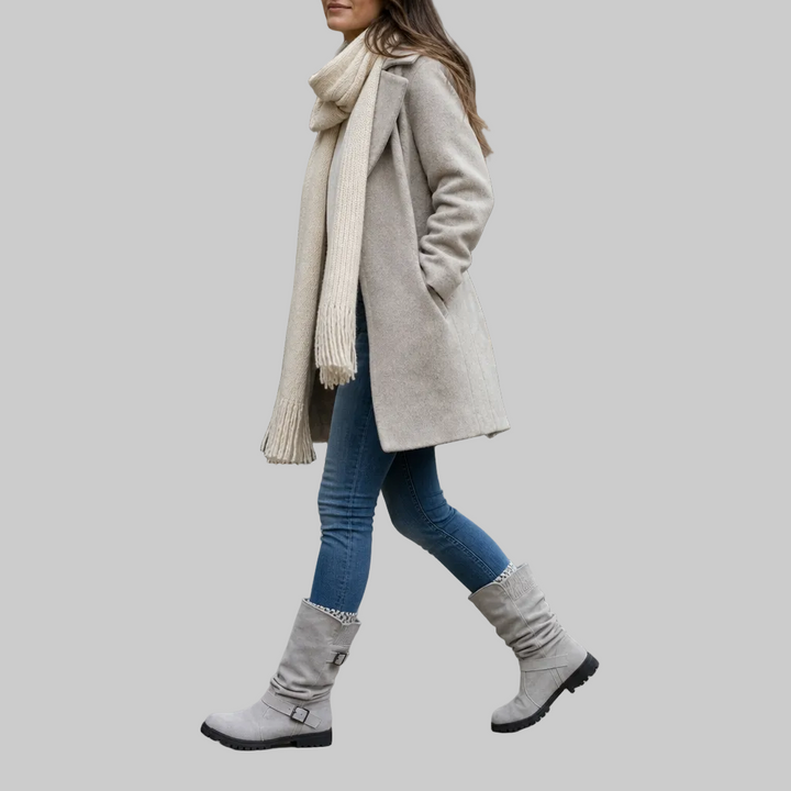 Slouch Mid-Calf Boots with Ribbed Knit Cuff and Treaded Sole