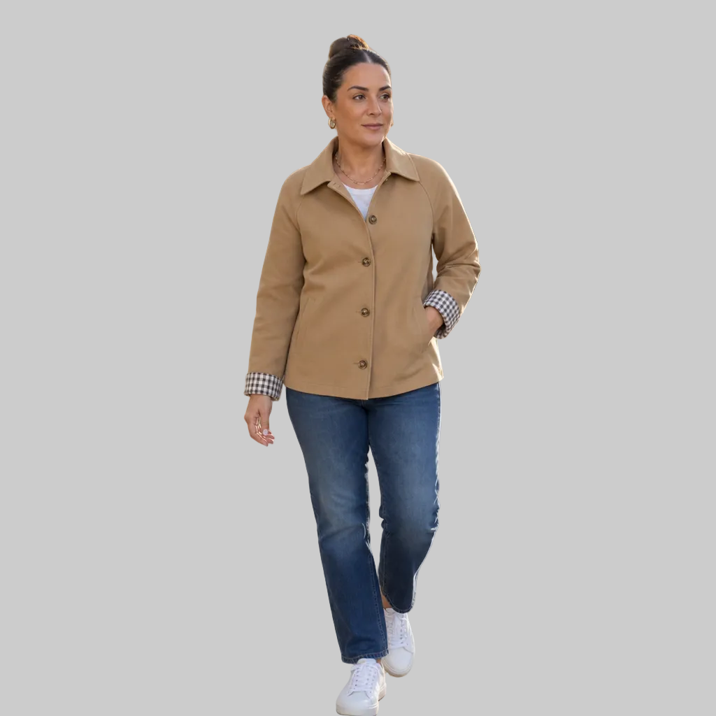Women's Short Button-Front Coat with Raglan Sleeves and Checked Cuffs
