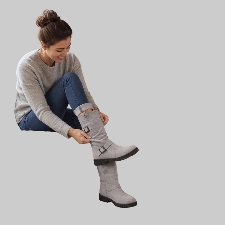Slouch Mid-Calf Boots with Ribbed Knit Cuff and Treaded Sole