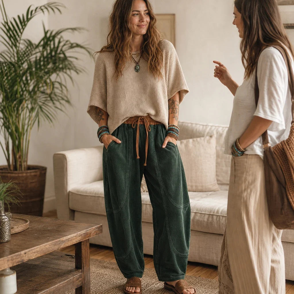Women's Ribbed Corduroy-Look Lantern Trousers