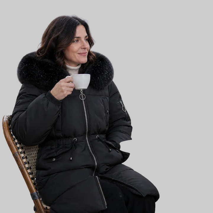 Women's Mid-Length Padded Winter Coat with Faux Fur-Style Hood Trim and Drawstring Waist