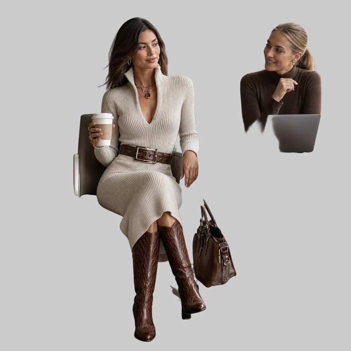 Women's Ribbed Knit Belted Midi Dress with V-Neck and High Collar