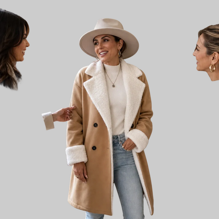 Women's Longline Polyester Coat with Plush Collar and Cuffs