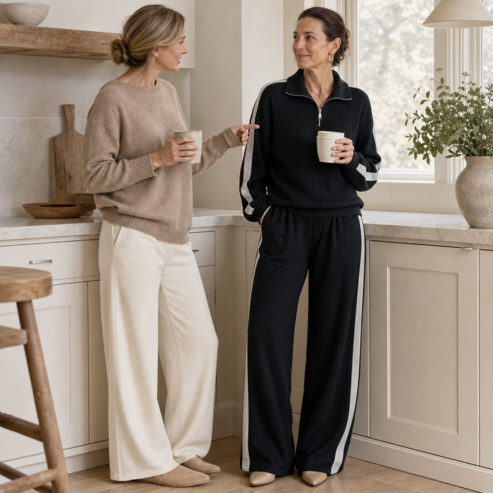 Women's Ribbed Half-Zip Wide-Leg Lounge Set