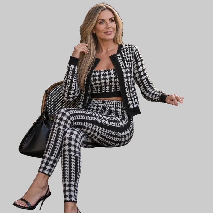 Women's Three-Piece Knitted Co-ord Set with Cardigan, Bandeau Top and Trousers