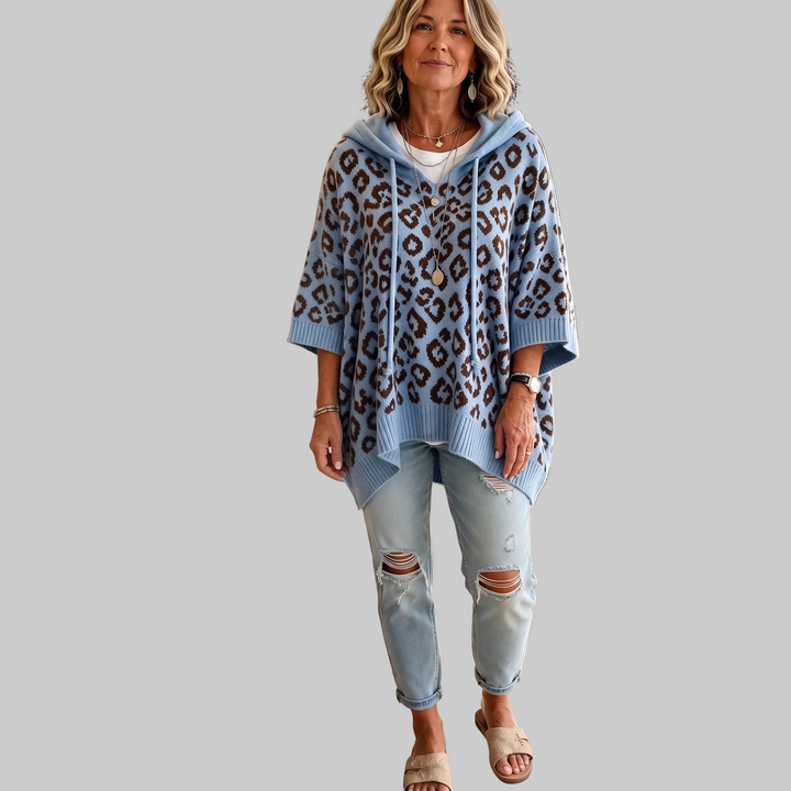 Oversized Leopard-Print Hooded Knit Jumper