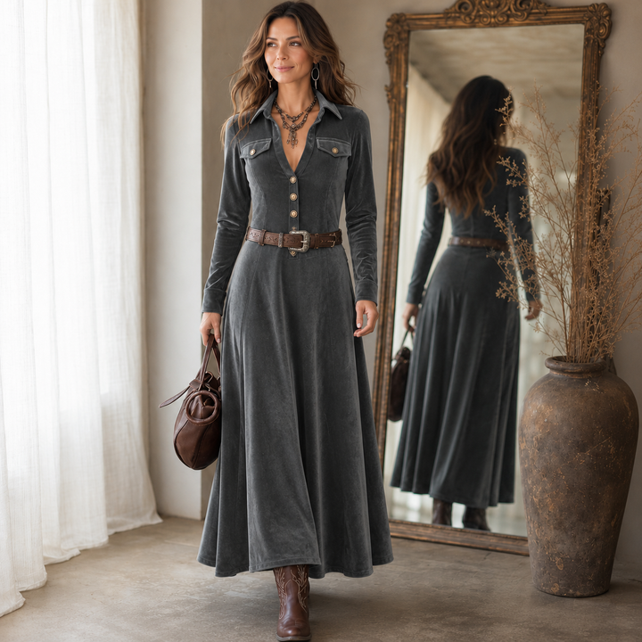 Women's Velvet-Look Button-Front A-Line Maxi Dress