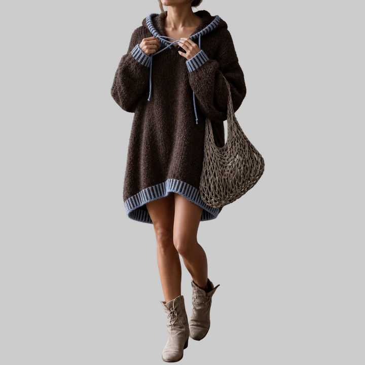 Contrast-Trim Hooded Jumper Dress