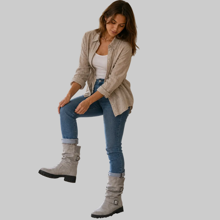 Slouch Mid-Calf Boots with Ribbed Knit Cuff and Treaded Sole