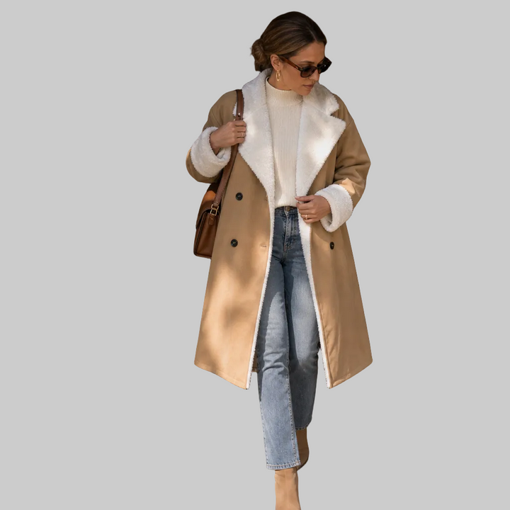 Women's Longline Polyester Coat with Plush Collar and Cuffs