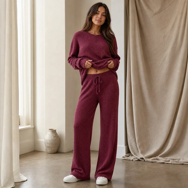 Women's Ribbed Knit Drop-Shoulder Jumper and Wide-Leg Trouser Set