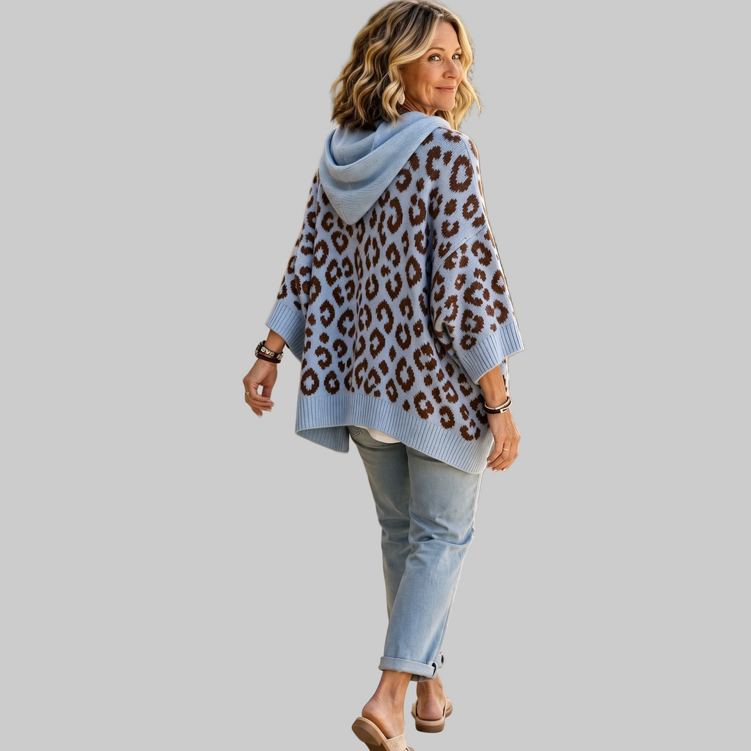 Oversized Leopard-Print Hooded Knit Jumper