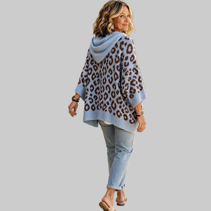 Oversized Leopard-Print Hooded Knit Jumper