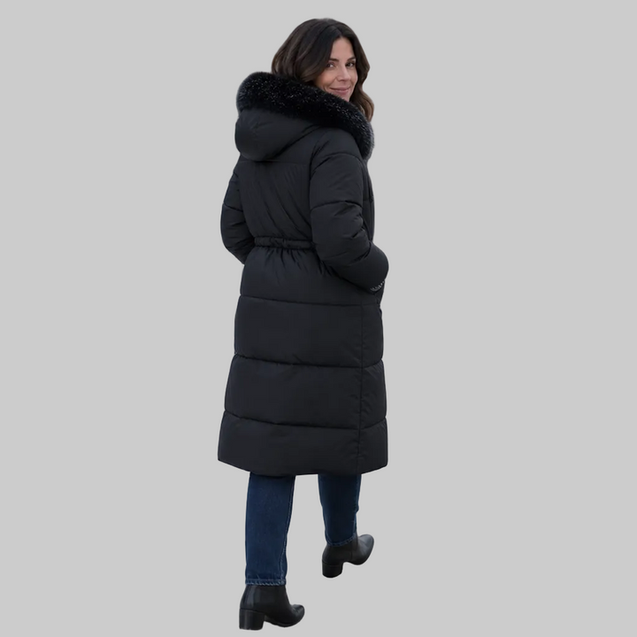 Women's Mid-Length Padded Winter Coat with Faux Fur-Style Hood Trim and Drawstring Waist
