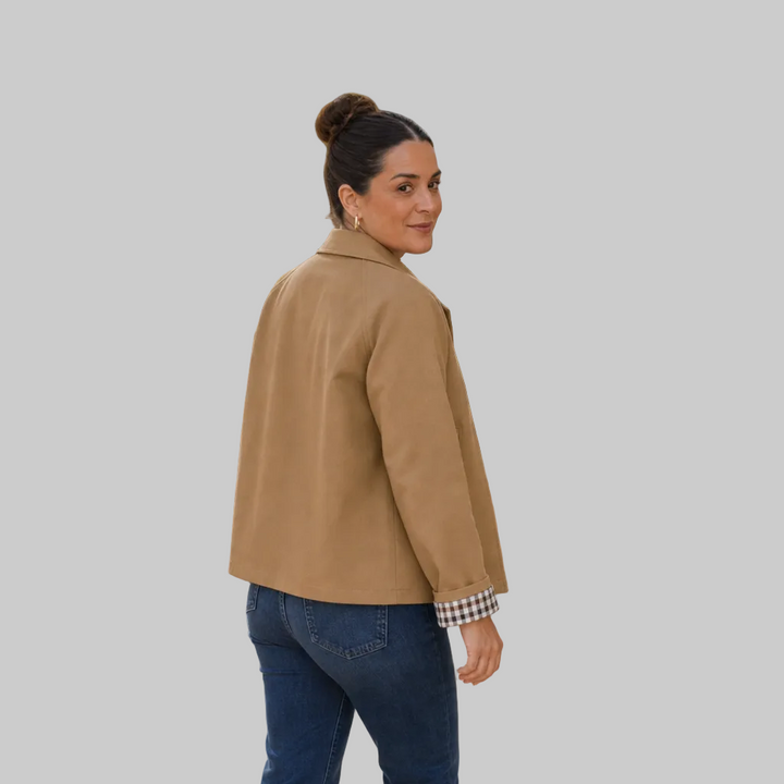 Women's Short Button-Front Coat with Raglan Sleeves and Checked Cuffs