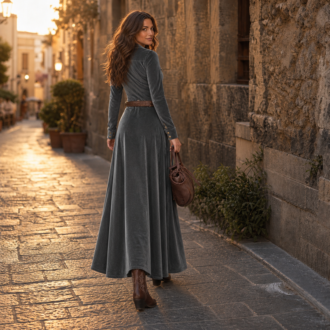 Women's Velvet-Look Button-Front A-Line Maxi Dress