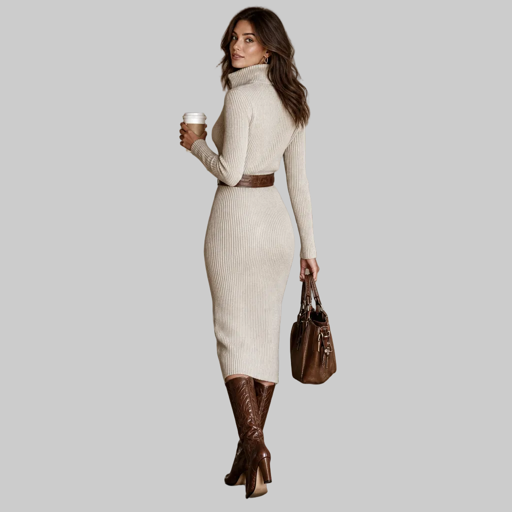 Women's Ribbed Knit Belted Midi Dress with V-Neck and High Collar