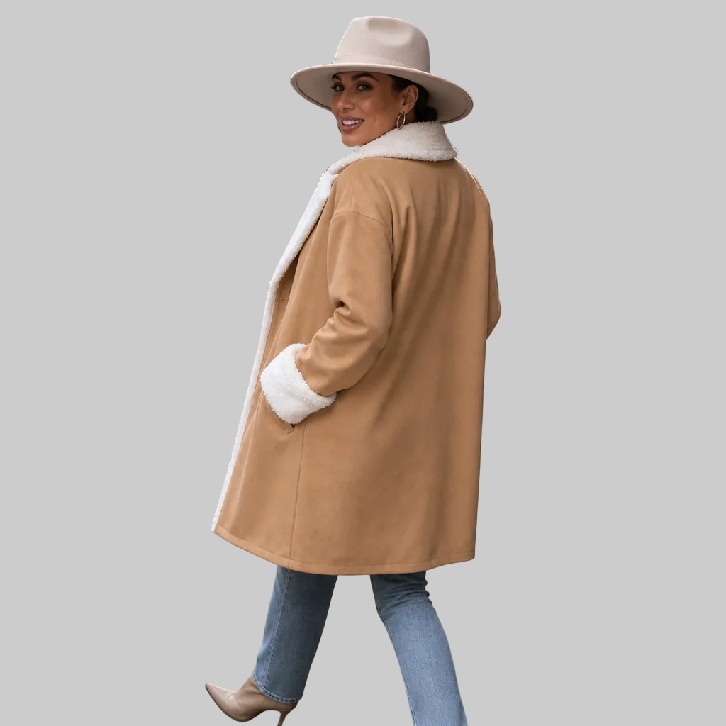 Women's Longline Polyester Coat with Plush Collar and Cuffs