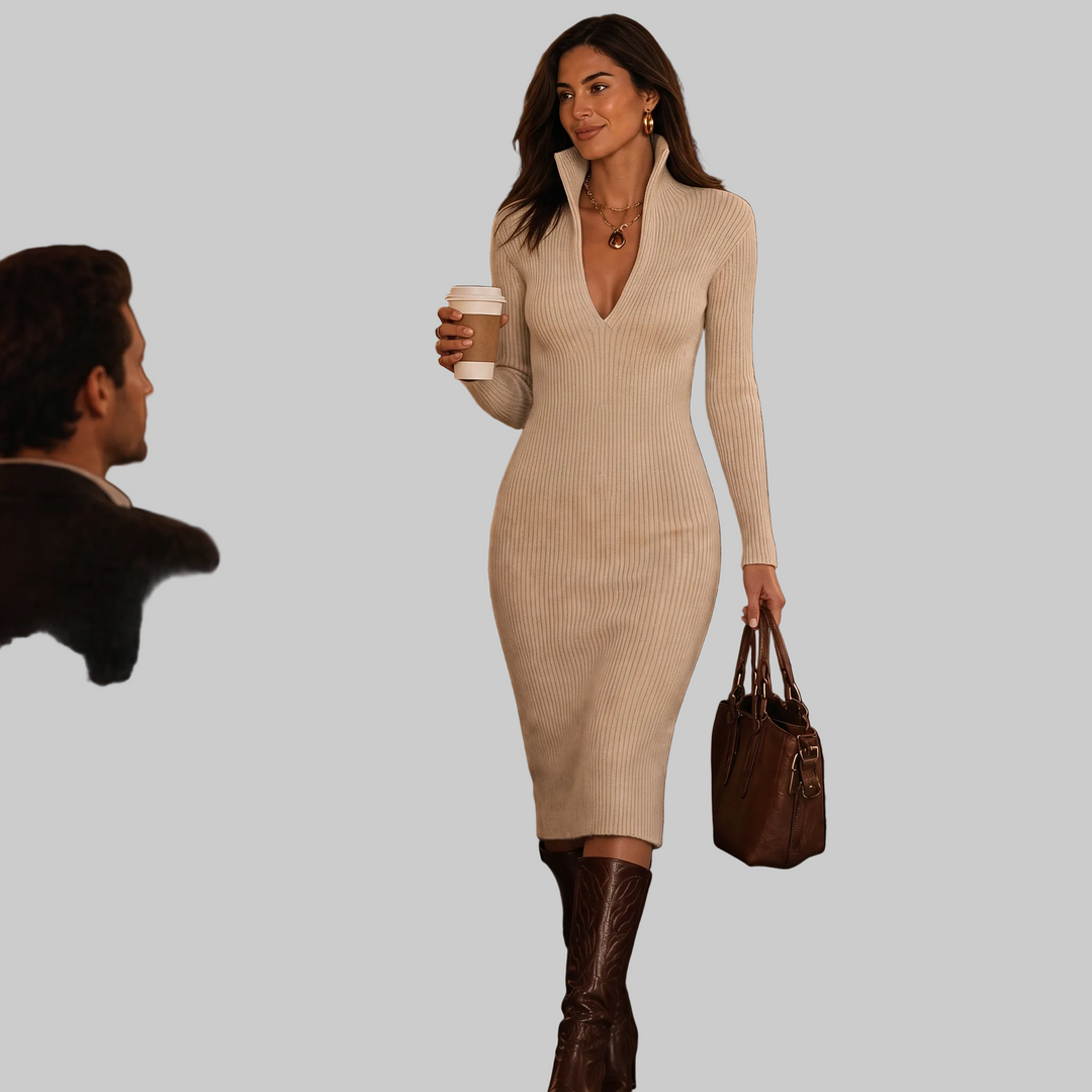 Women's Ribbed Knit Belted Midi Dress with V-Neck and High Collar
