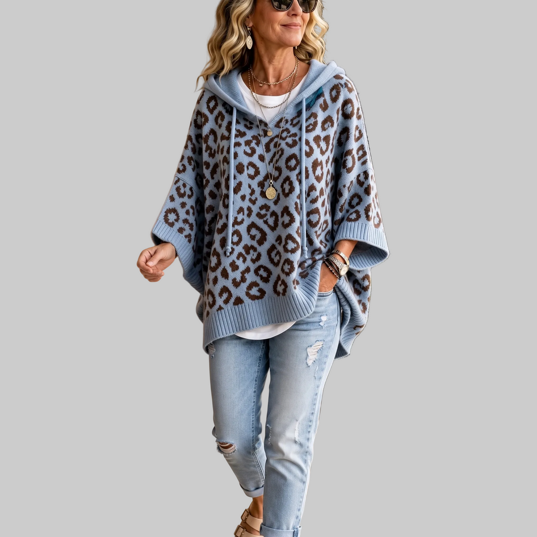 Oversized Leopard-Print Hooded Knit Jumper