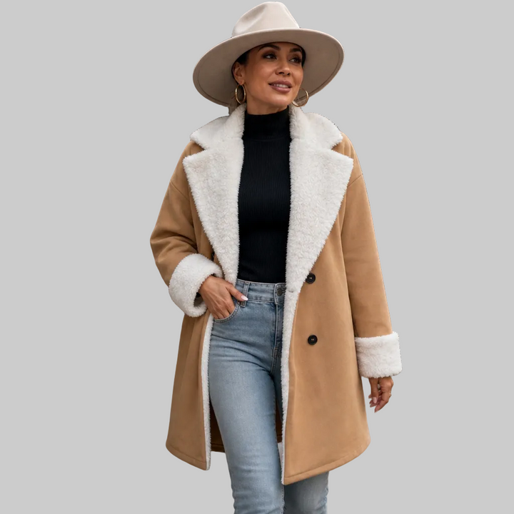 Women's Longline Polyester Coat with Plush Collar and Cuffs