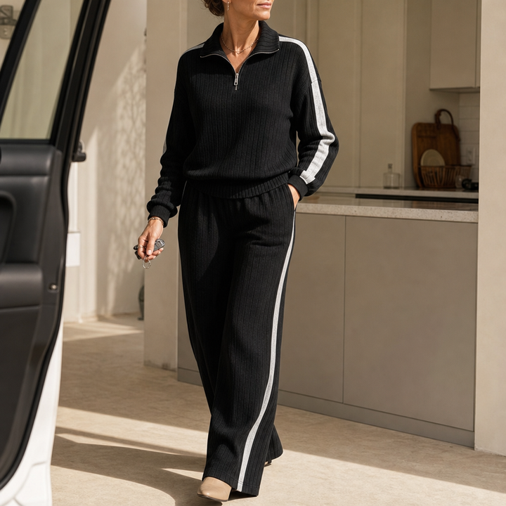 Women's Ribbed Half-Zip Wide-Leg Lounge Set