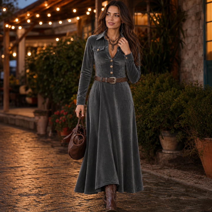 Women's Velvet-Look Button-Front A-Line Maxi Dress