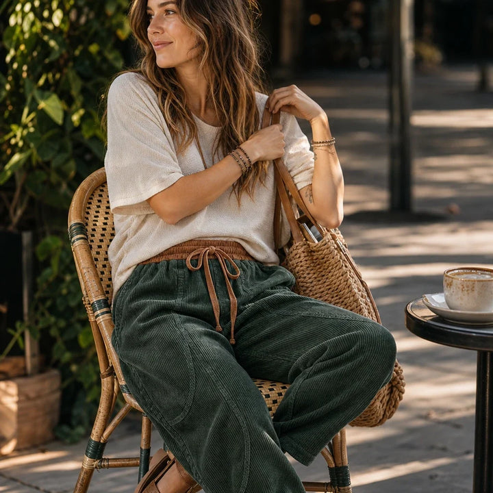 Women's Ribbed Corduroy-Look Lantern Trousers