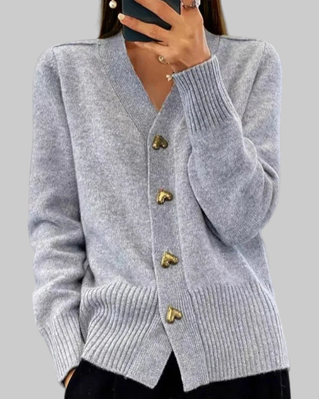Knit V-Neck Cardigan with Heart-Shaped Buttons