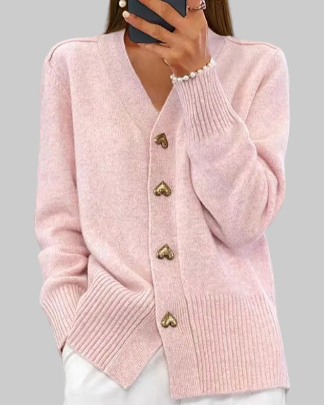 Knit V-Neck Cardigan with Heart-Shaped Buttons