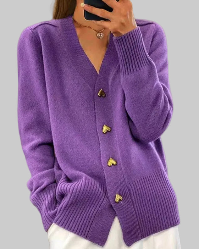 Knit V-Neck Cardigan with Heart-Shaped Buttons