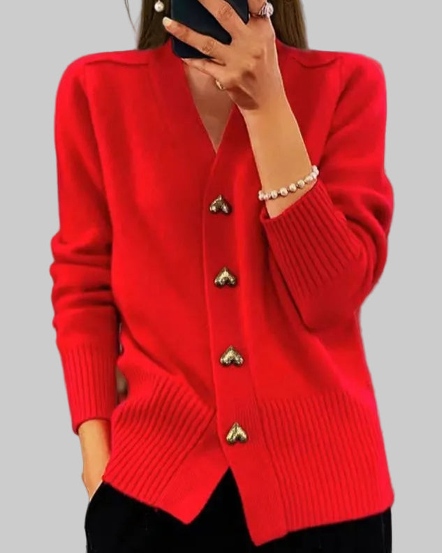 Knit V-Neck Cardigan with Heart-Shaped Buttons