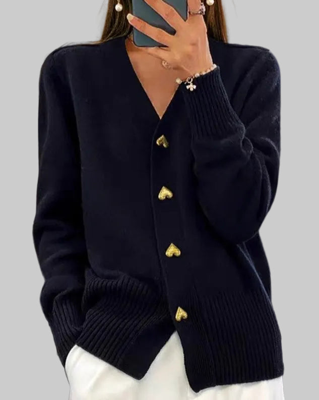 Knit V-Neck Cardigan with Heart-Shaped Buttons