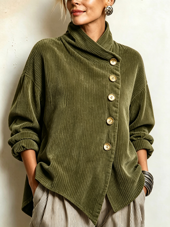 Women’s Cotton Blend Corduroy High Neck Tunic Top with Diagonal Buttons
