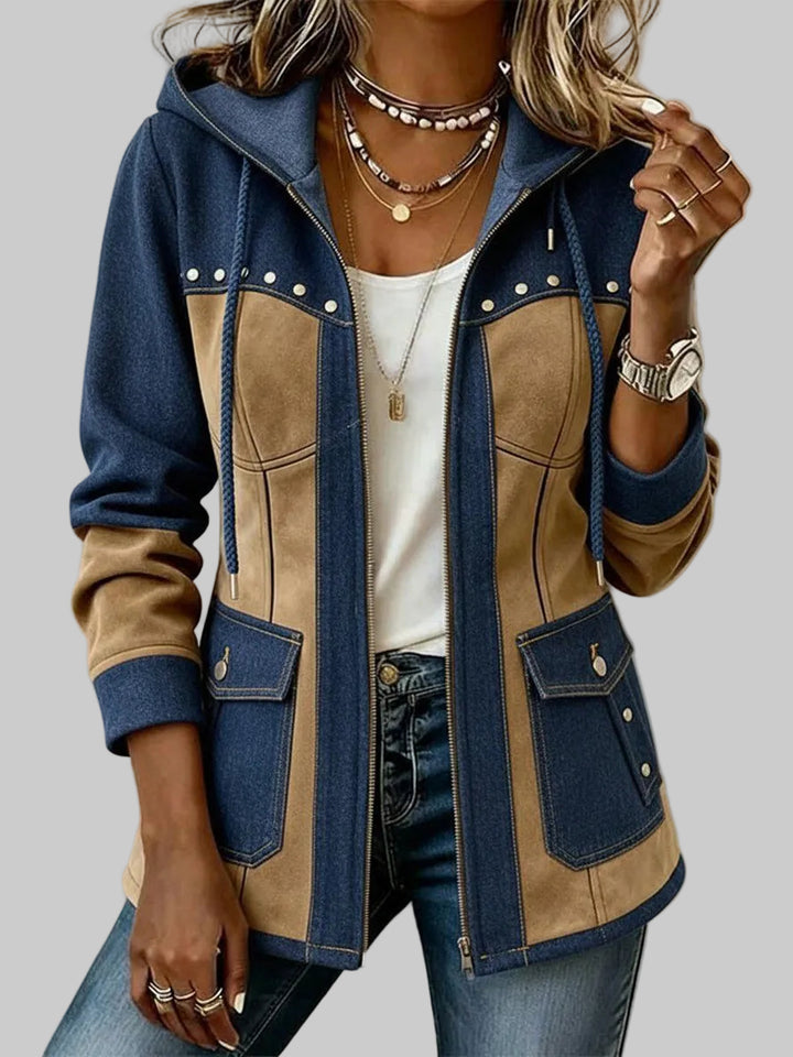 Women's Hooded Two-Tone Jacket with Suede-Effect Panels and Zip Front