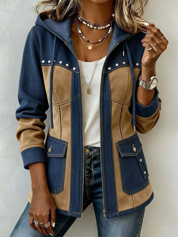 Women’s Navy & Camel Colour Block Hooded Zip-Up Jacket