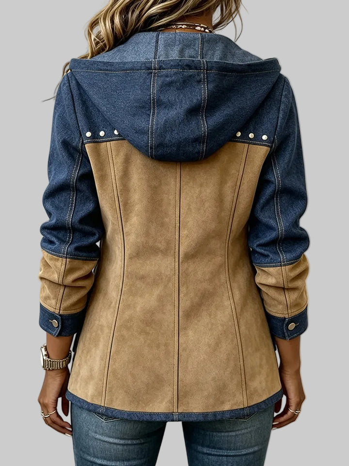 Women's Hooded Two-Tone Jacket with Suede-Effect Panels and Zip Front