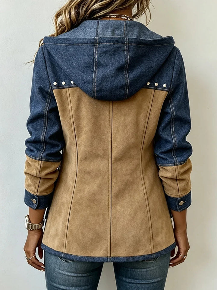 Women’s Navy & Camel Colour Block Hooded Zip-Up Jacket