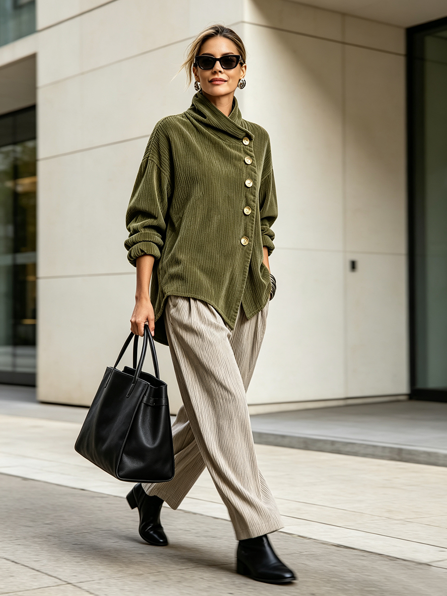 Women’s Cotton Blend Corduroy High Neck Tunic Top with Diagonal Buttons