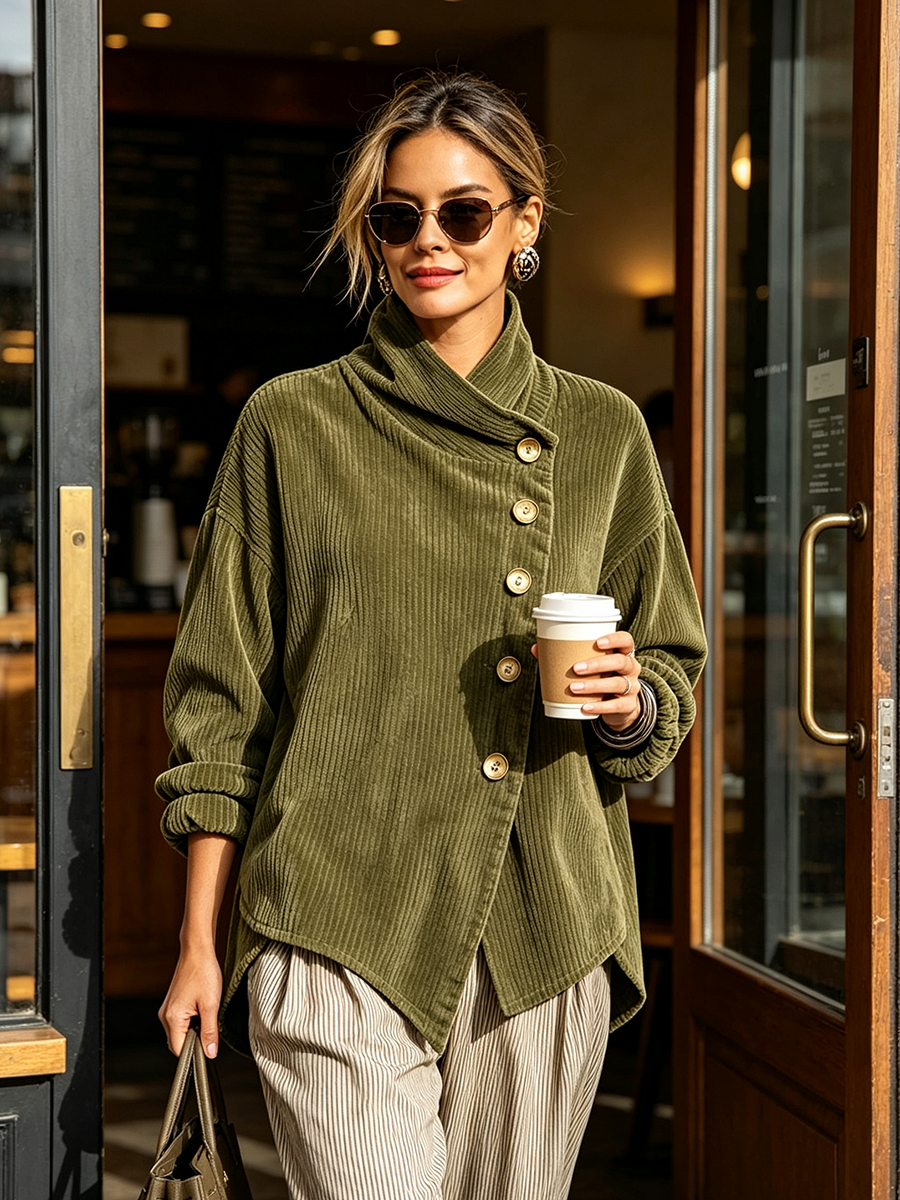 Women’s Cotton Blend Corduroy High Neck Tunic Top with Diagonal Buttons