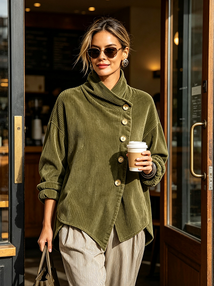 Women’s Cotton Blend Corduroy High Neck Tunic Top with Diagonal Buttons