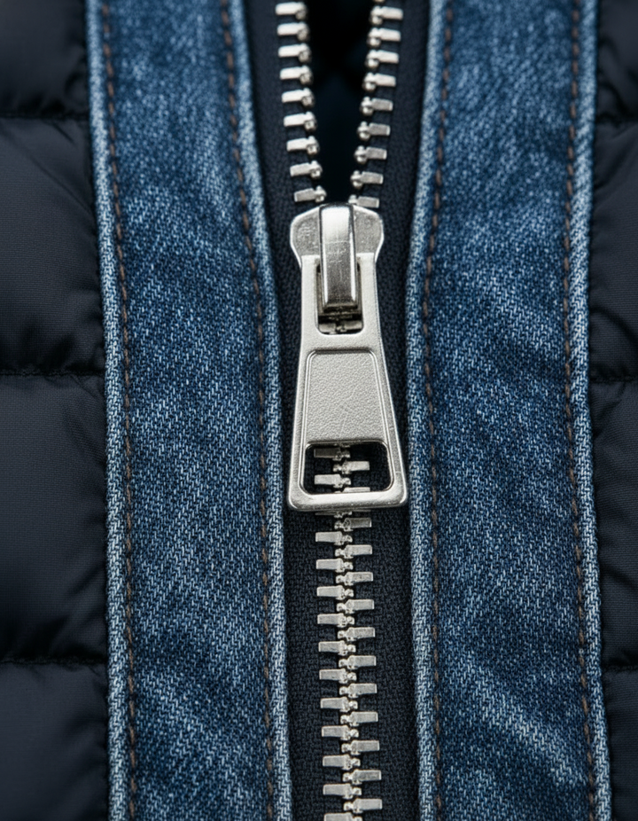 Hybrid Denim and Quilted Jacket with Zip Front and Chest Pockets
