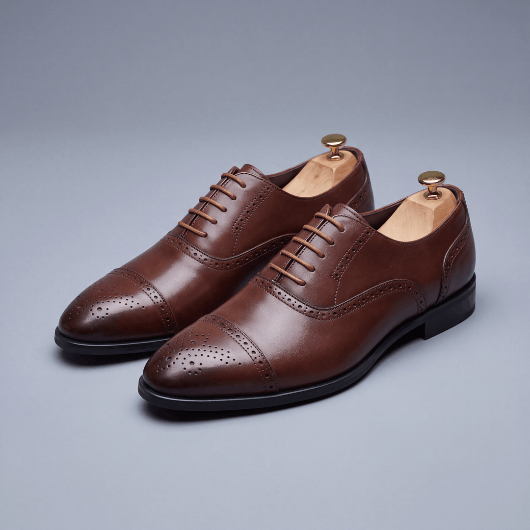 Men's Genuine Leather Cap-Toe Oxford Brogue Shoes