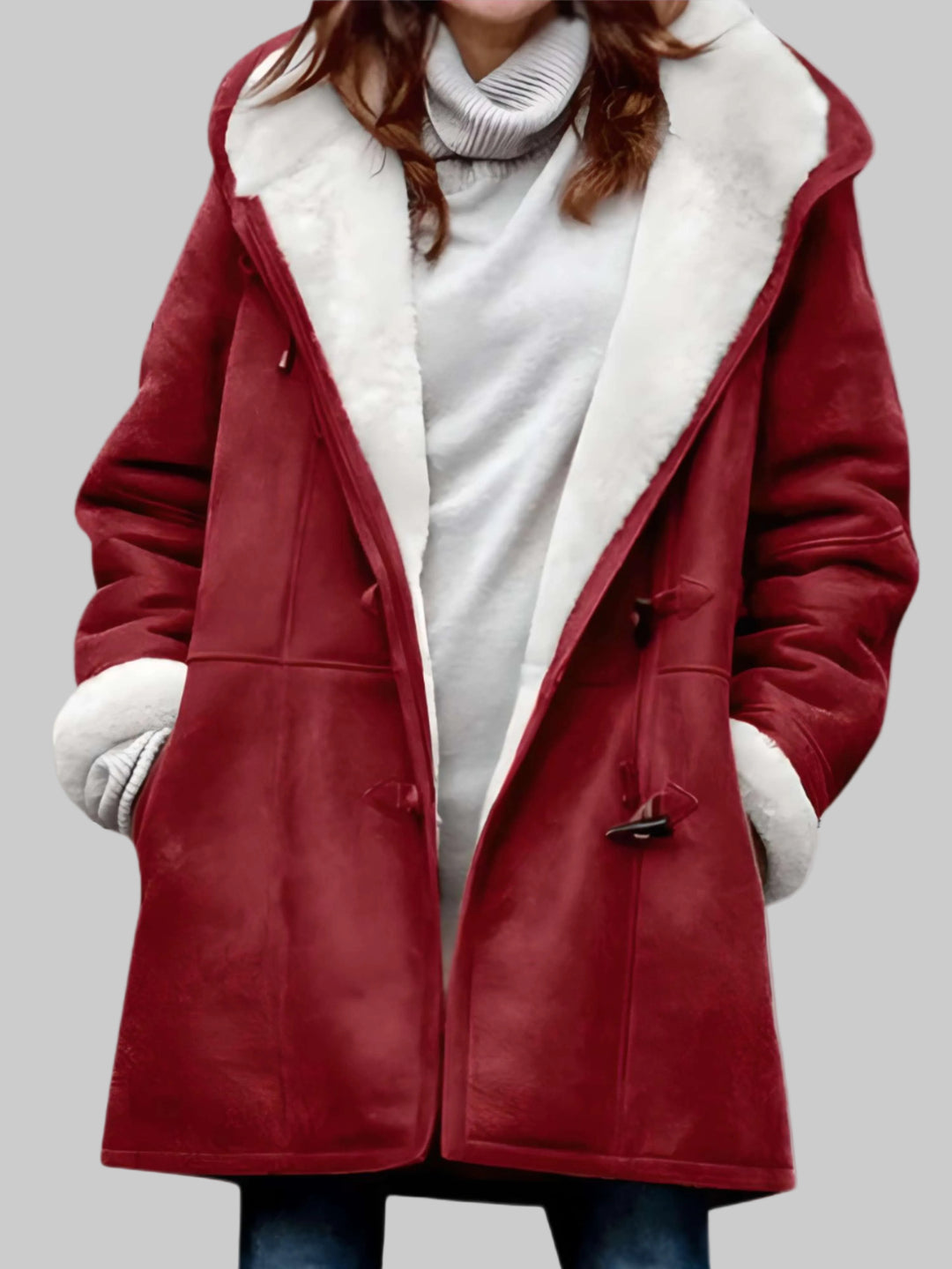 Hooded Faux Suede Mid-Length Coat with Sherpa Lining and Toggle Fastening
