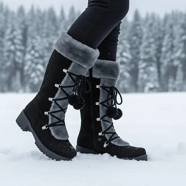 Women's Fur-Trim Lace-Up Snow Boots - Black