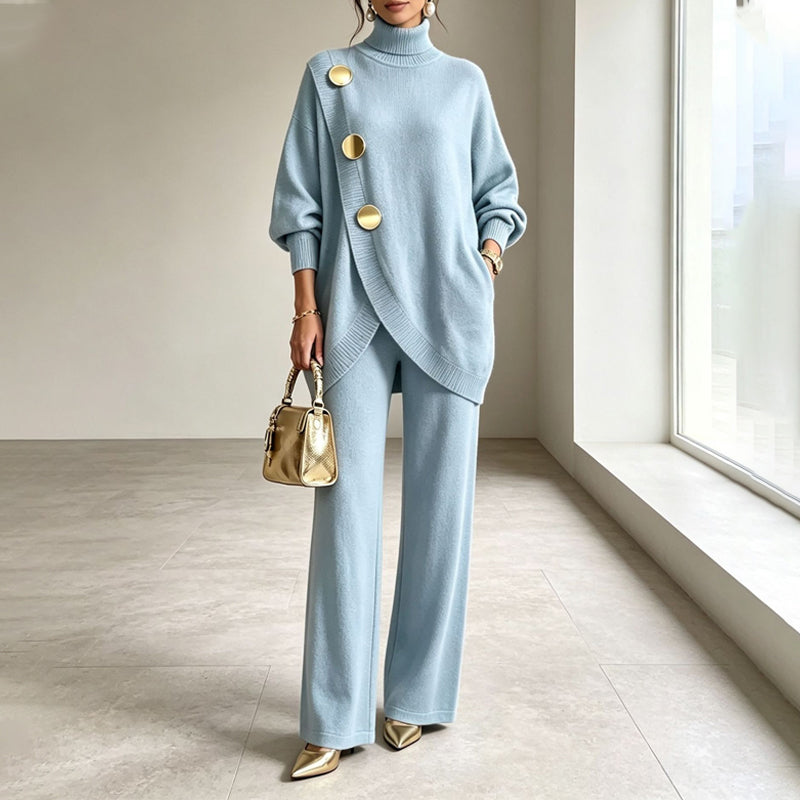Women's Knit Roll Neck Two-Piece Lounge Set - Sky Blue