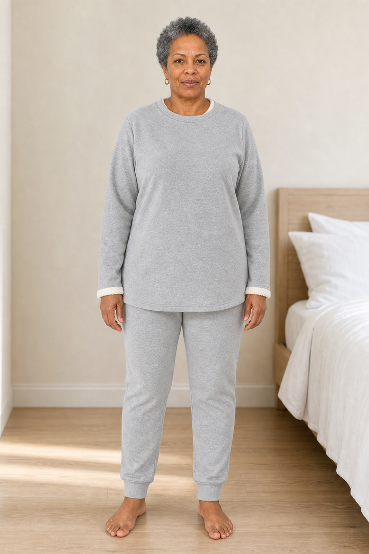 Women's Fleece-Lined Two-Piece Lounge Set - Light Gray