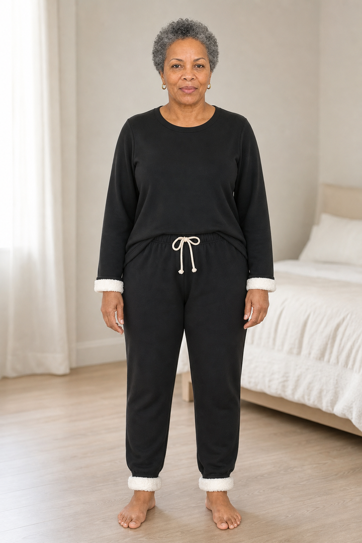 Women's Fleece-Lined Two-Piece Lounge Set - Black